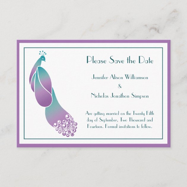 Save the Date Art Deco Peacock in Purples and Teal