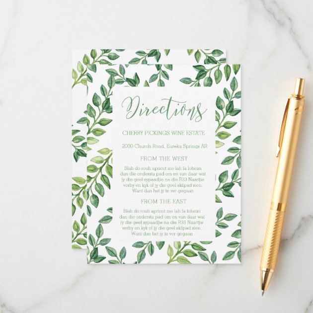Romantic Green Leaves - Directions Wedding Card