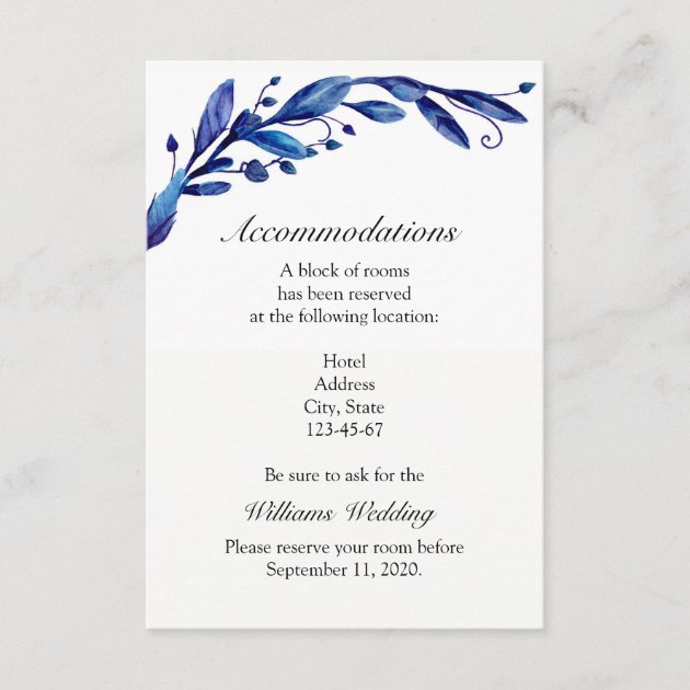 Blue Accommodation. Winter Wedding Details. Info Enclosure Card