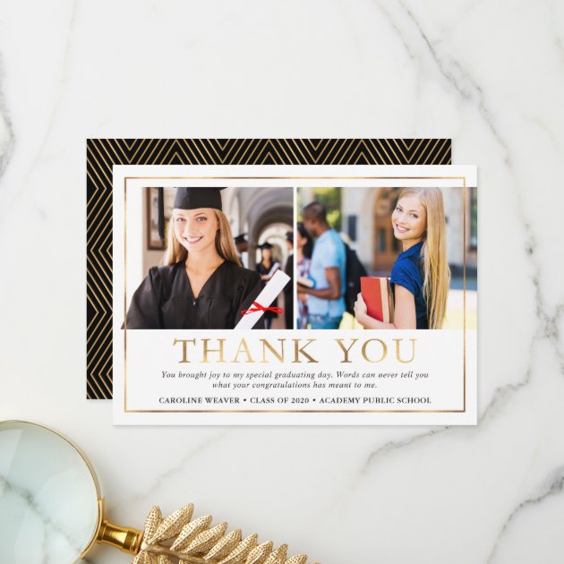 Modern Faux Gold Foil 2 Photo Graduation Thank You