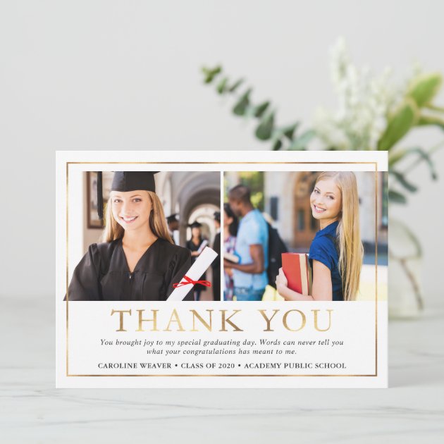 Modern Faux Gold Foil 2 Photo Graduation Thank You