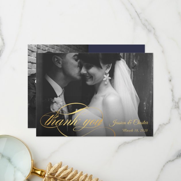 Navy Blue & Gold Script Wedding  Photo Thank You