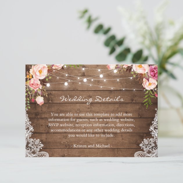 Rustic String Lights Floral Lace Wedding Details Enclosure Card