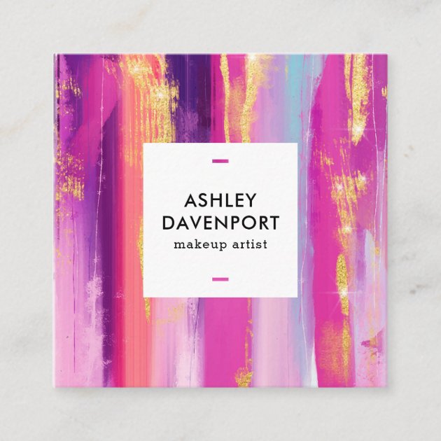 Abstract pink and gold glitter brushstrokes makeup square business card (front side)