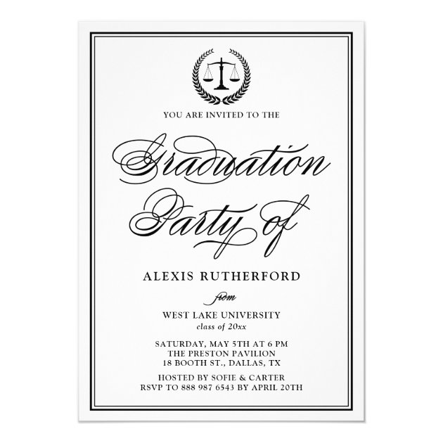 Black Elegant Script Law School Graduation Party Invitation