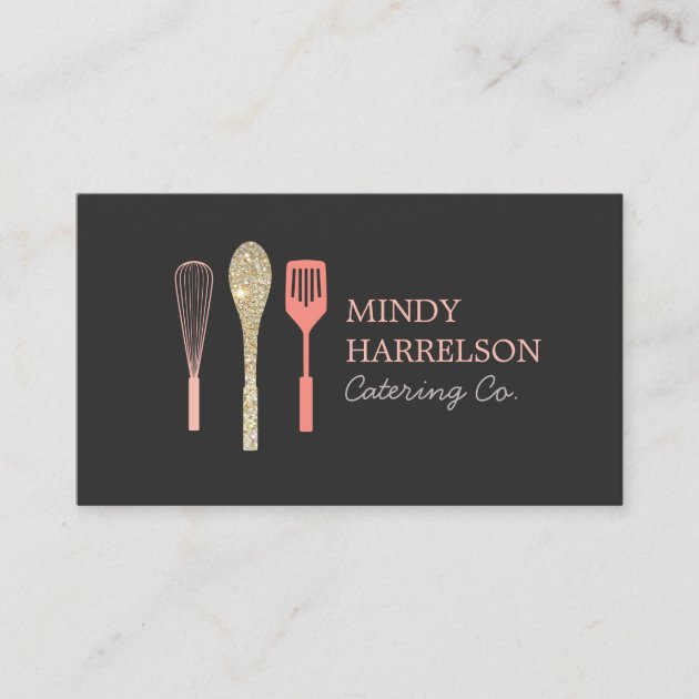 Glitter Spoon Whisk Spatula Bakery Catering Logo Business Card (front side)