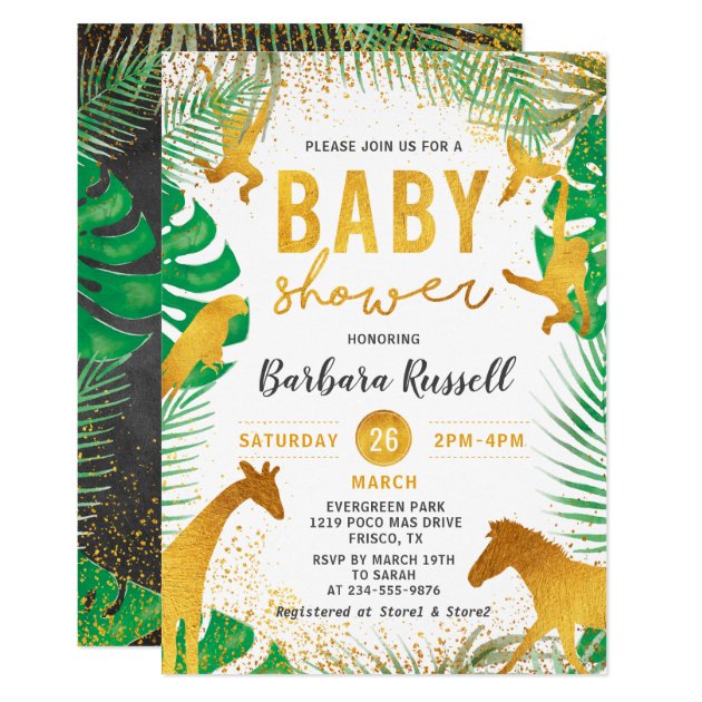 Gold Jungle Animals Safari Boy Baby Shower Invitation