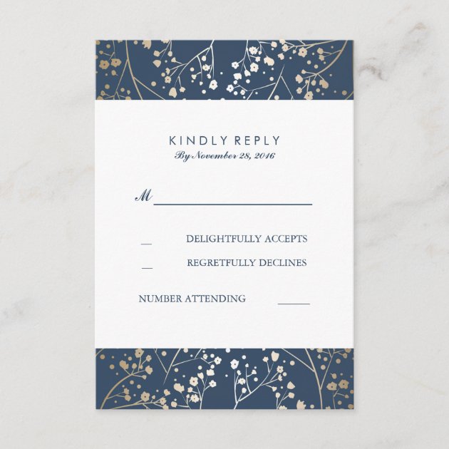 Foil Baby's Breath Navy Wedding RSVP Cards