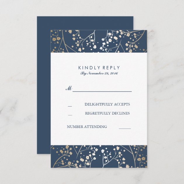 Foil Baby's Breath Navy Wedding RSVP Cards