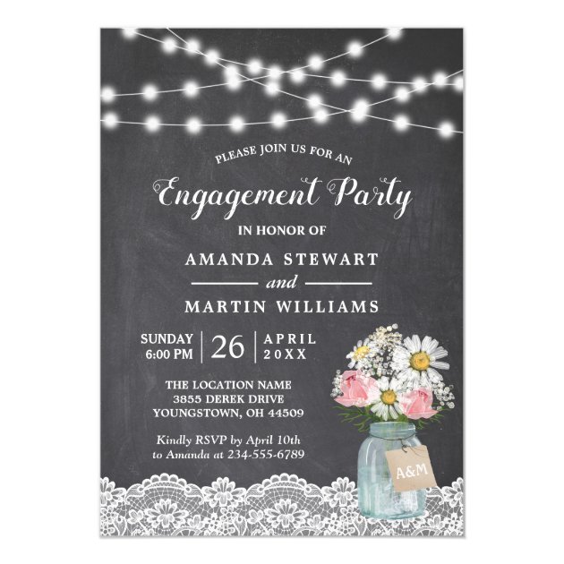 Chalkboard String Lights Floral Engagement Party Card