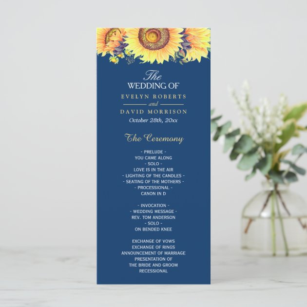 Yellow Sunflowers Rustic Navy Blue Wedding Program