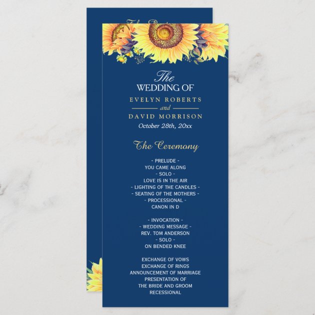 Yellow Sunflowers Rustic Navy Blue Wedding Program