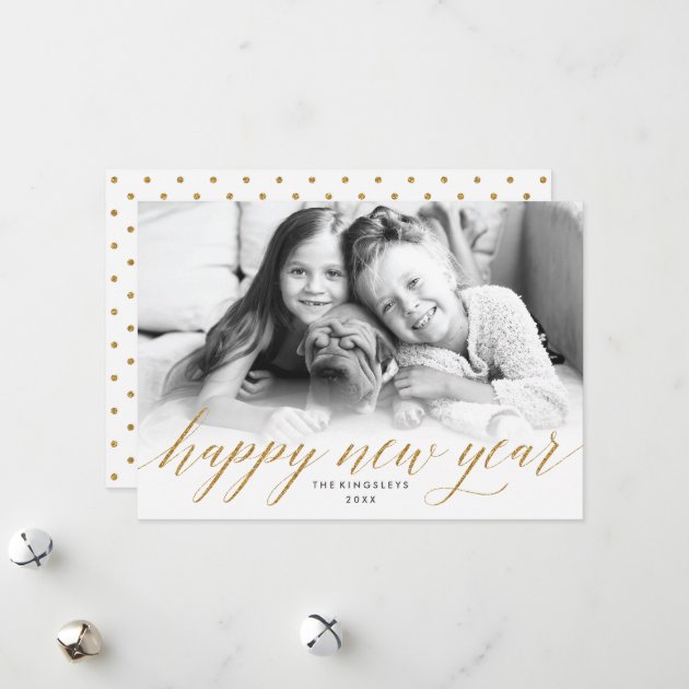Glittery New Year Photo Card In Faux Gold Glitter
