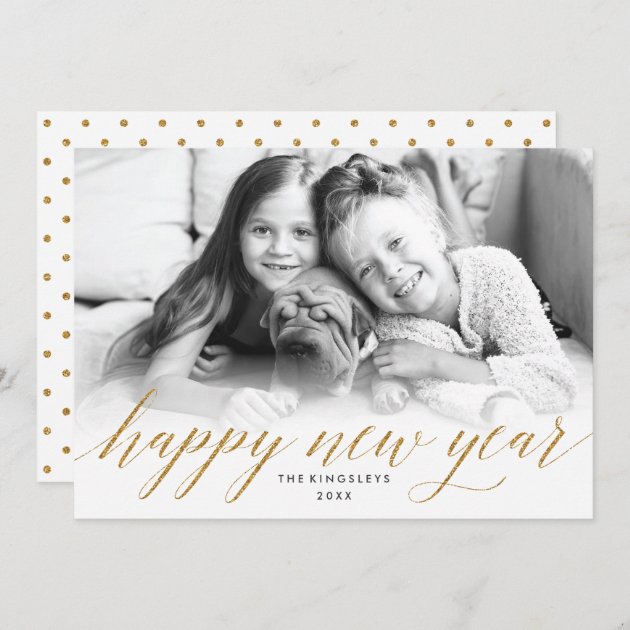 Glittery New Year Photo Card In Faux Gold Glitter