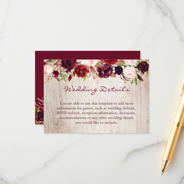 Burgundy Floral Rustic Wood Wedding Details Info Enclosure Card