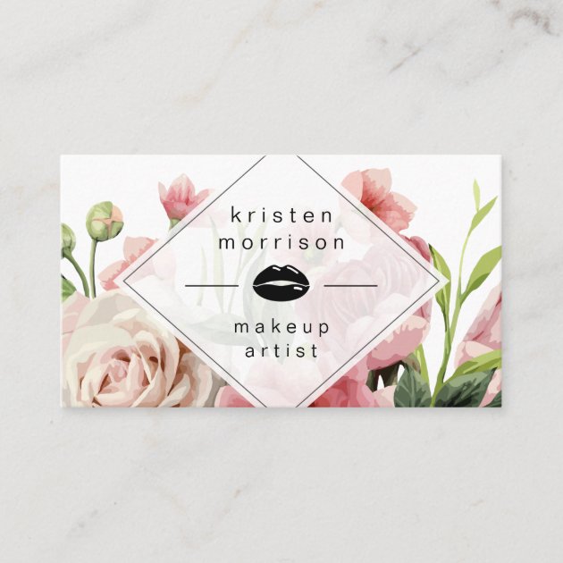 Makeup Artist Lips Modern Minimal Elegant Floral Business Card (front side)