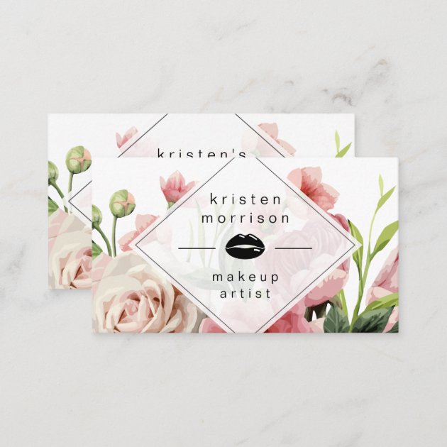 Makeup Artist Lips Modern Minimal Elegant Floral Business Card (back side)