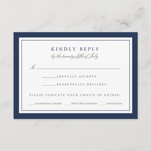 Navy And White Wedding RSVP Card W/ Meal Choice