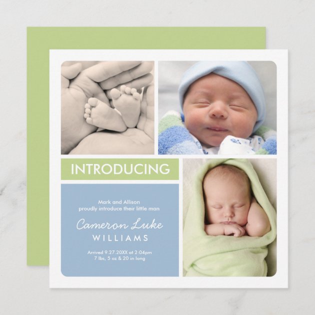 Multi-Photo Birth Announcement Card | Green Blue