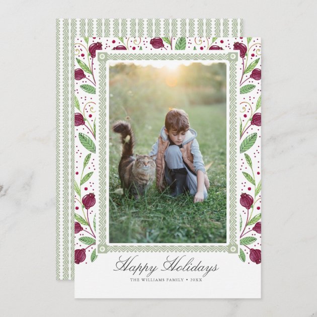 Watercolor Berry Frame Happy Holidays Photo Holiday Card