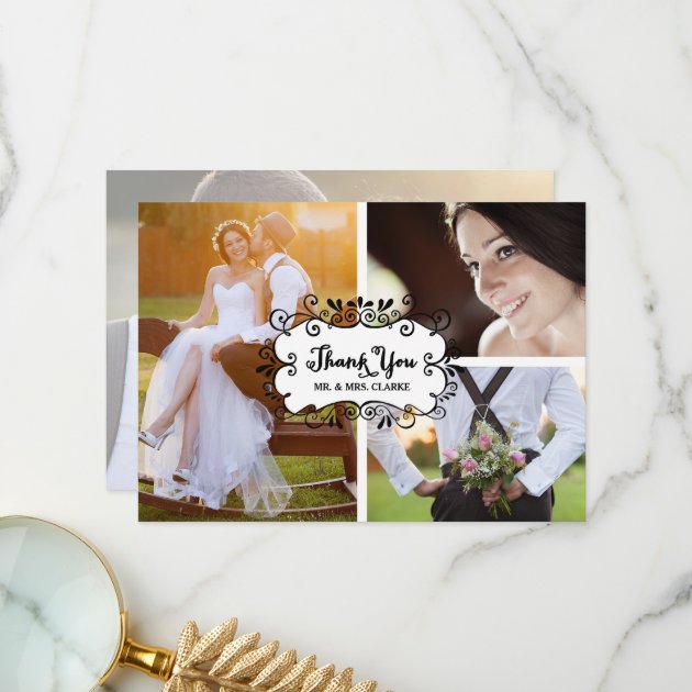 Three Photo Collage Rustic Wedding Thank You Card