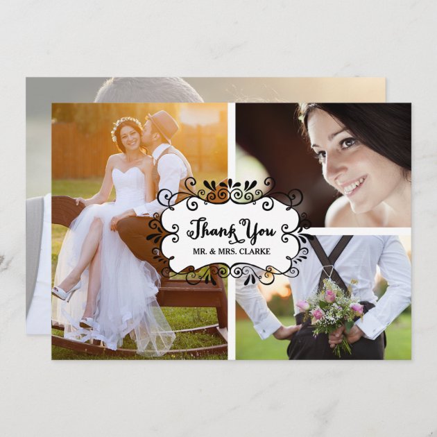 Three Photo Collage Rustic Wedding Thank You Card