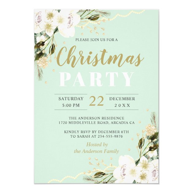 Elegant Mint Green Watercolor Floral Christmas Invitation