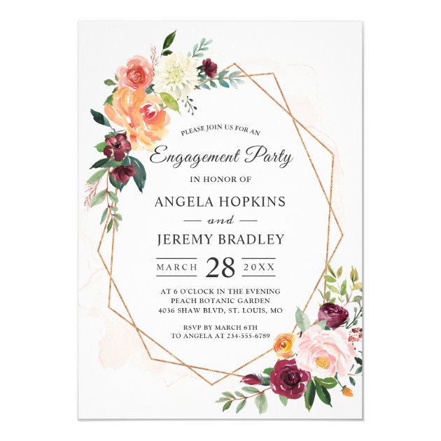 Modern Diamond Frame Blush Floral Engagement Party Card