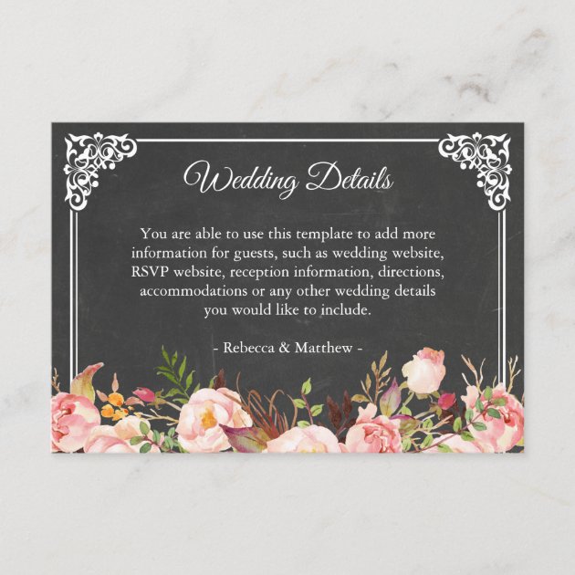 Vintage Pink Floral Chalkboard Wedding Details Enclosure Card