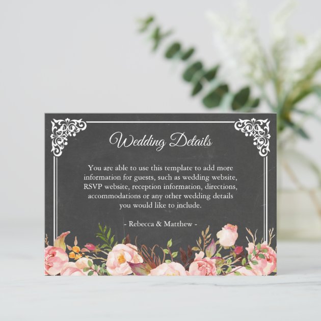 Vintage Pink Floral Chalkboard Wedding Details Enclosure Card