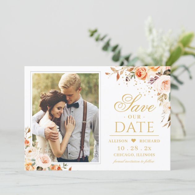 Autumn Gold Floral Bohemian Chic Photo Wedding Save The Date