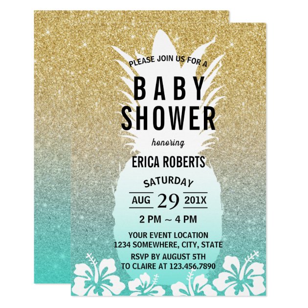 Tropical Pineapple Flower Gold Glitter Baby Shower Invitation