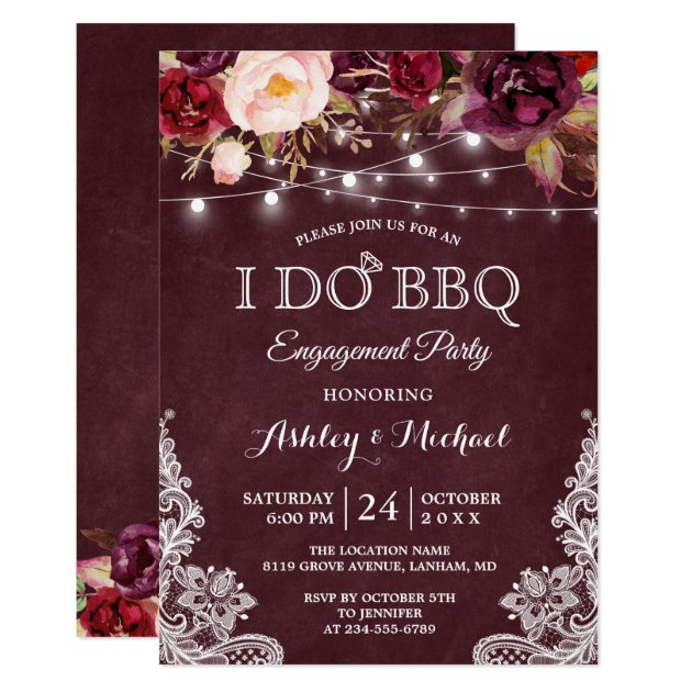 I DO BBQ Engagement Party Burgundy Floral Lights Invitation