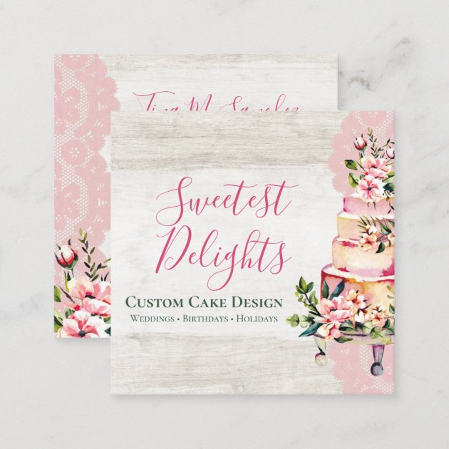 Rustic Wood Watercolor Floral Wedding Cake Bakery Square Business Card (back side)