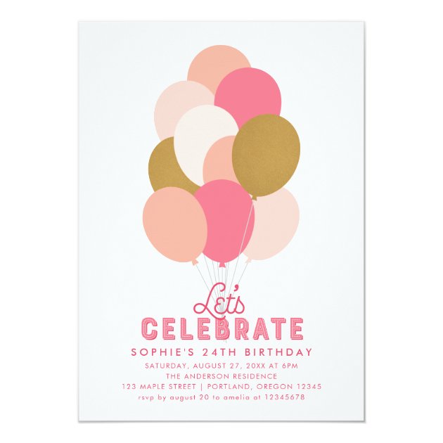 Blush Pink Faux Gold Balloons Any Age Birthday Invitation