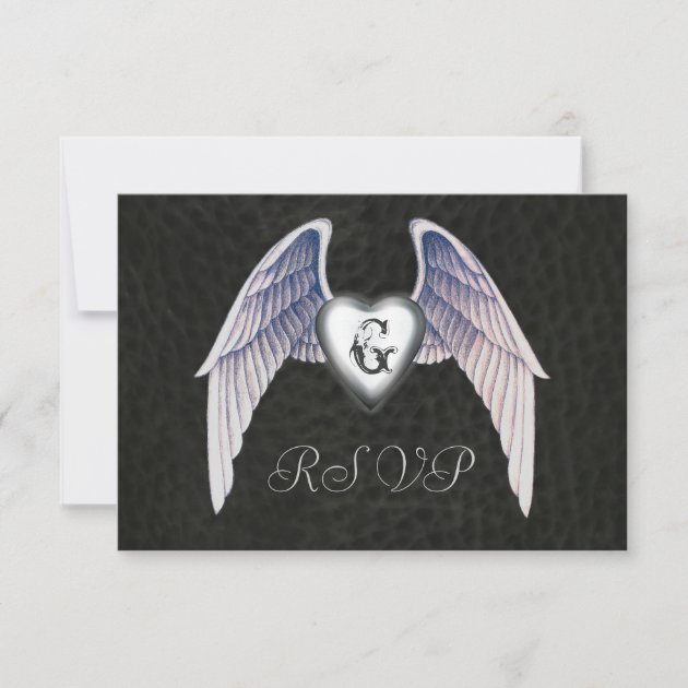 Chrome & Faux Leather Winged Heart RSVP Invitation