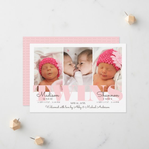 Baby Girl Twins Pretty In Pink Birth Announcement