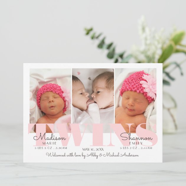Baby Girl Twins Pretty In Pink Birth Announcement