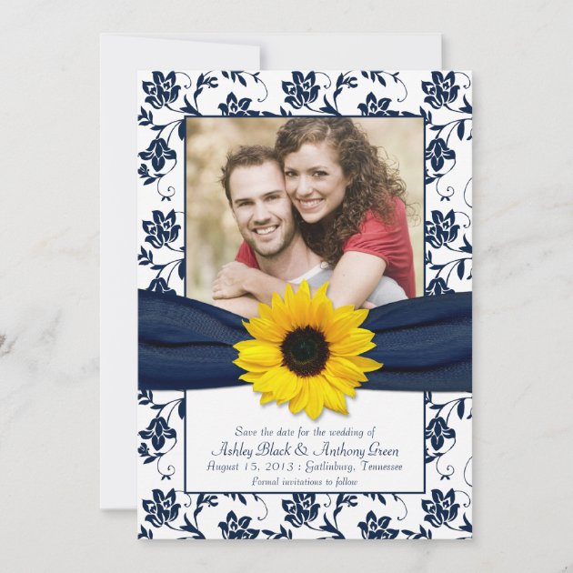 Navy and White Floral Damask Save the Date Invite