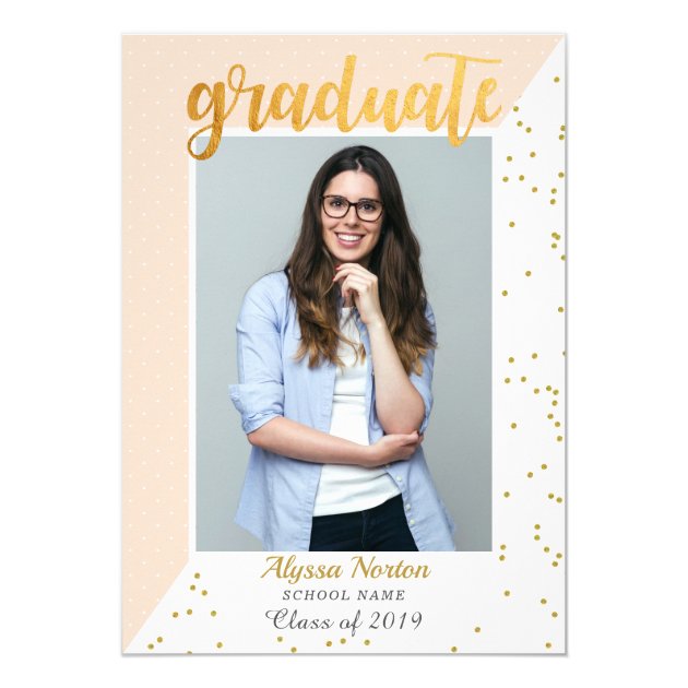 Simple Pink Gold Confetti Photo Graduation Party Card