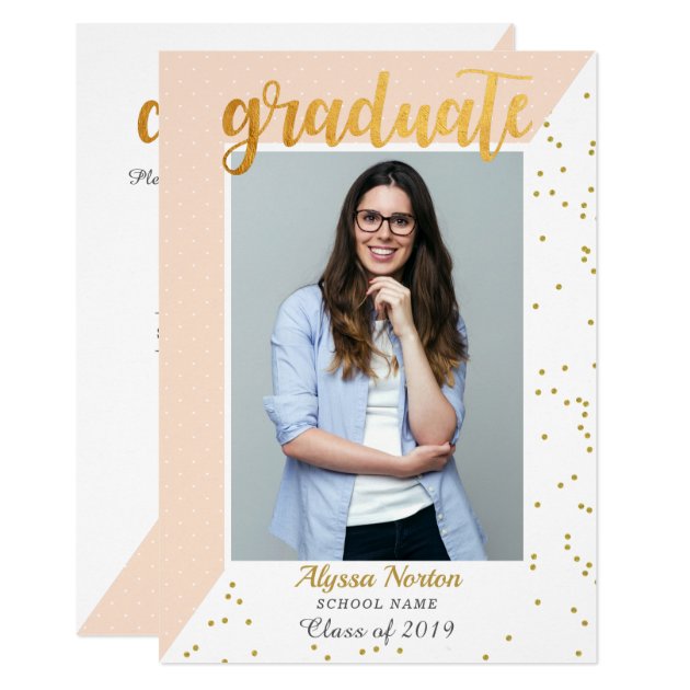 Simple Pink Gold Confetti Photo Graduation Party Card