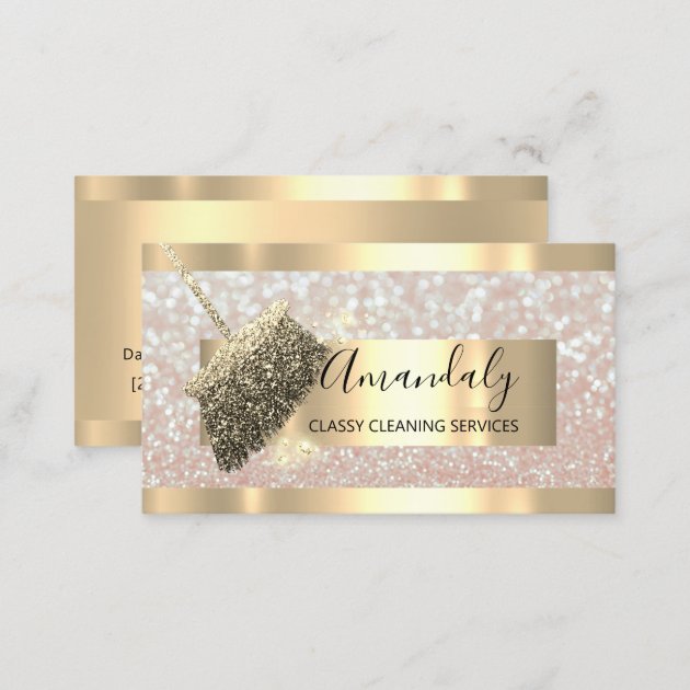 Cleaning Services Maid House Keeping Gold Glitter Business Card (back side)