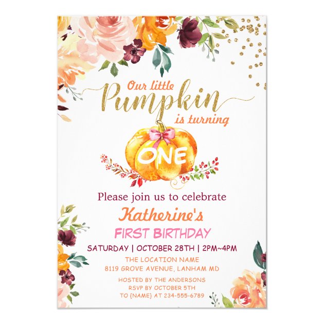 Pumpkin Kids Birthday Party Fall Burgundy Floral Invitation