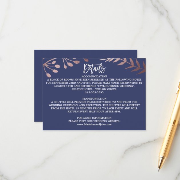 Elegant Rose Gold And Navy Wedding Details Enclosure Card