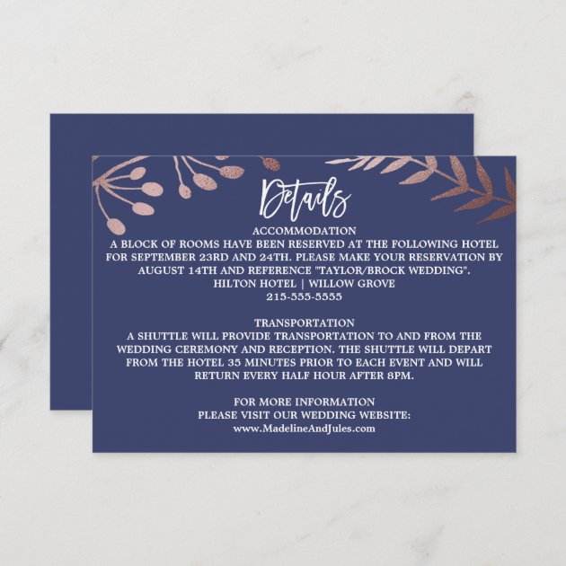 Elegant Rose Gold And Navy Wedding Details Enclosure Card