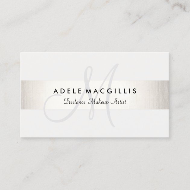 Simple Monogram White Modern FAUX Silver Striped Business Card (front side)