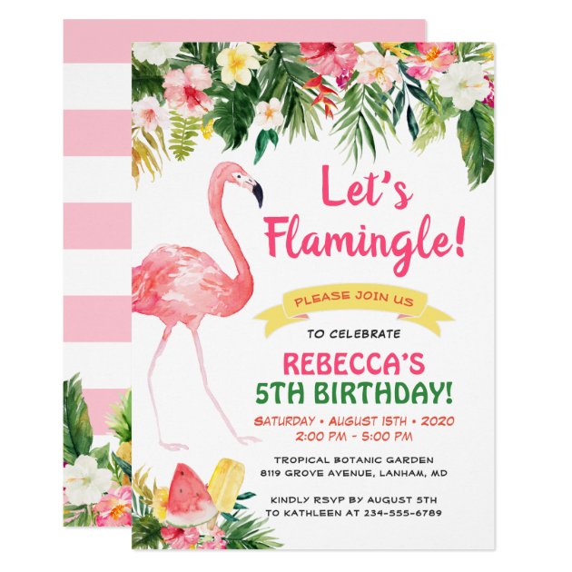 Let's Flamingle Floral Summer Kids Birthday Party Card