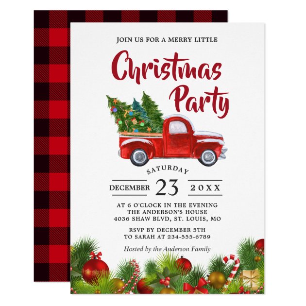 Christmas Truck Vintage Red Plaid Christmas Party Invitation