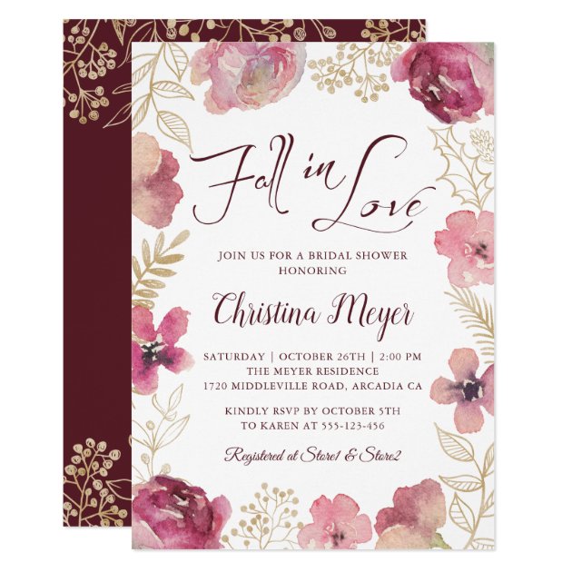 Fall in Love Gold Purple Floral Bridal Shower Invitation