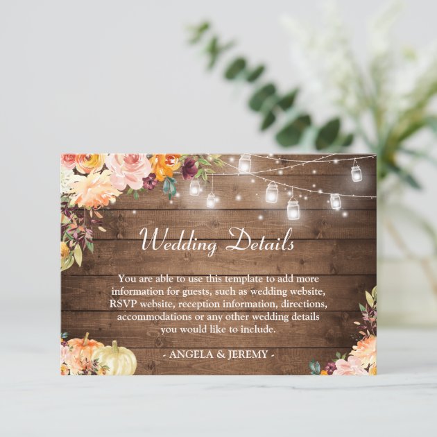Rustic String Lights Floral Autumn Wedding Details Enclosure Card